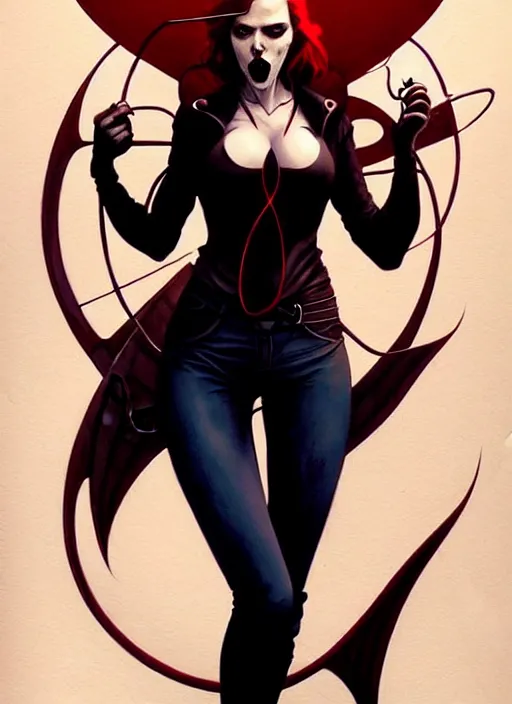 Image similar to rafael albuquerque comic art, art nouveau, peter mohrbacher, artgerm, pretty scarlett johansson vampire sharp vampire teeth open mouth, symmetrical eyes, black leather jacket, jeans, long blonde hair, full body