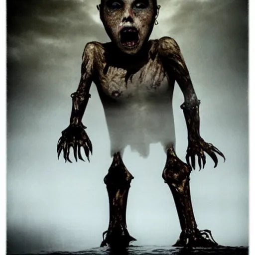 Image similar to monster with and bones for legs, pale skin, dark water, foggy water, dark, dramatic, big eyes, terrifying, cinematic