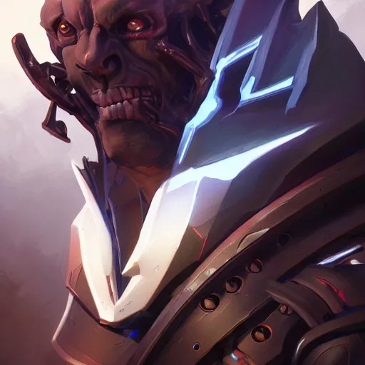 Image similar to dark fantasy science-fiction character portrait of a menacing Sigma from Overwatch, intricate, wild, highly detailed, digital painting, artstation, upper body, concept art, smooth, sharp focus, illustration, art by artgerm and greg rutkowski and alphonse mucha