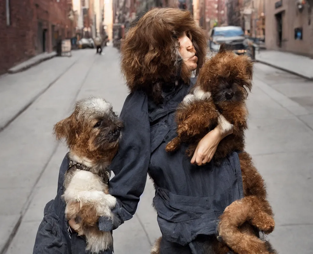 Image similar to closeup portrait of beautiful woman carrying a dog, smoky new york back street, by annie leibovitz and steve mccurry, natural light, detailed face, canon eos c 3 0 0, ƒ 1. 8, 3 5 mm, 8 k, medium - format print