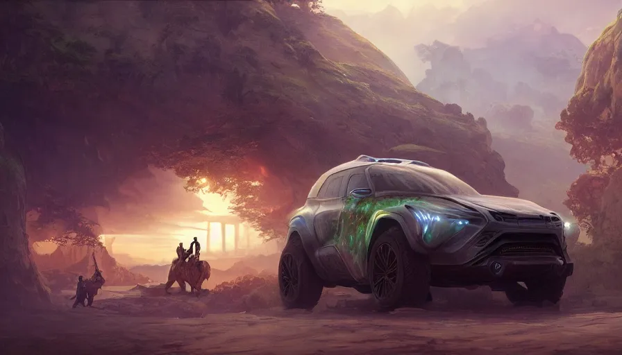 Image similar to a concept suv designed by apple driving through madagascar, artgerm and greg rutkowski and alphonse mucha, an epic fantasy, volumetric light, detailed, establishing shot, an epic fantasy, trending on art station, octane render, midsommar