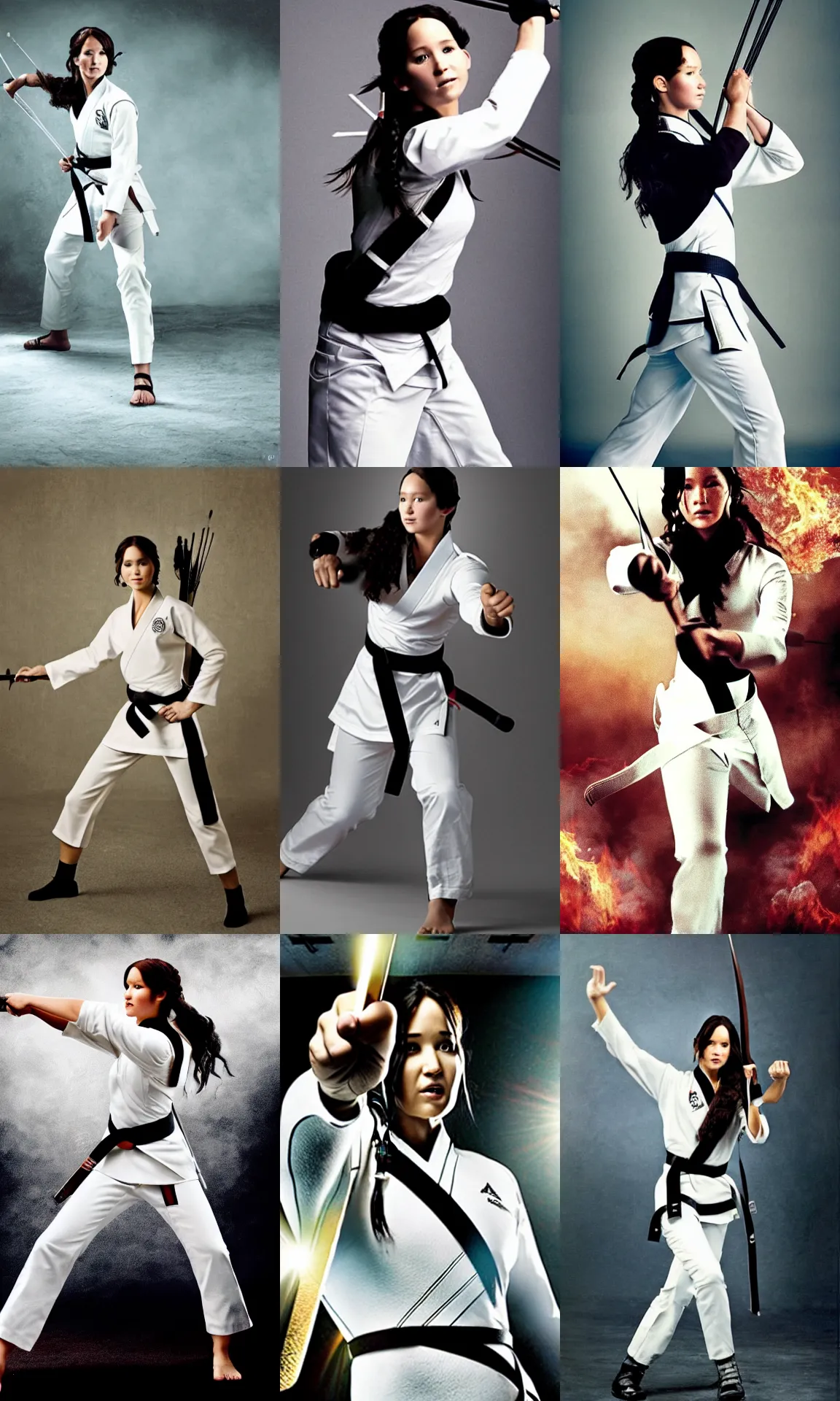 Prompt: katniss everdeen as a karate black belt, wearing a white gi, photography by annie leibovitz, action dynamic portrait