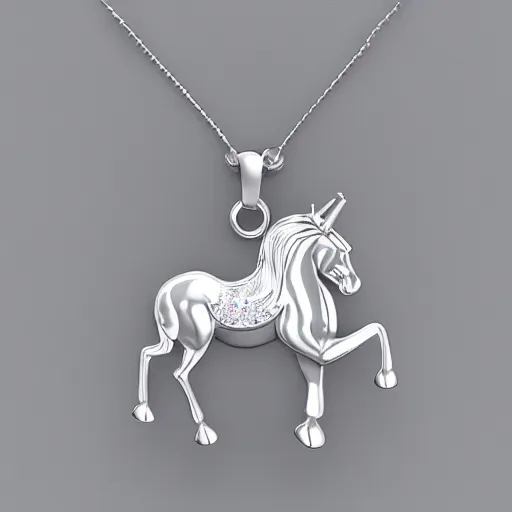 Prompt: a silver unicorn necklace pendant, 3 d rendering, in the style of pandora, tiffany, swarovski, van cleef & arpels, cartier, boucheron, bulgari, chaumet, elegant, noble, stylish