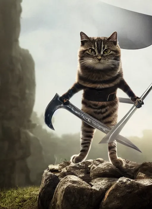 Image similar to film still of a bipedal cat with a black eyepatch over its right eye and a huge sword on its back, 4 k