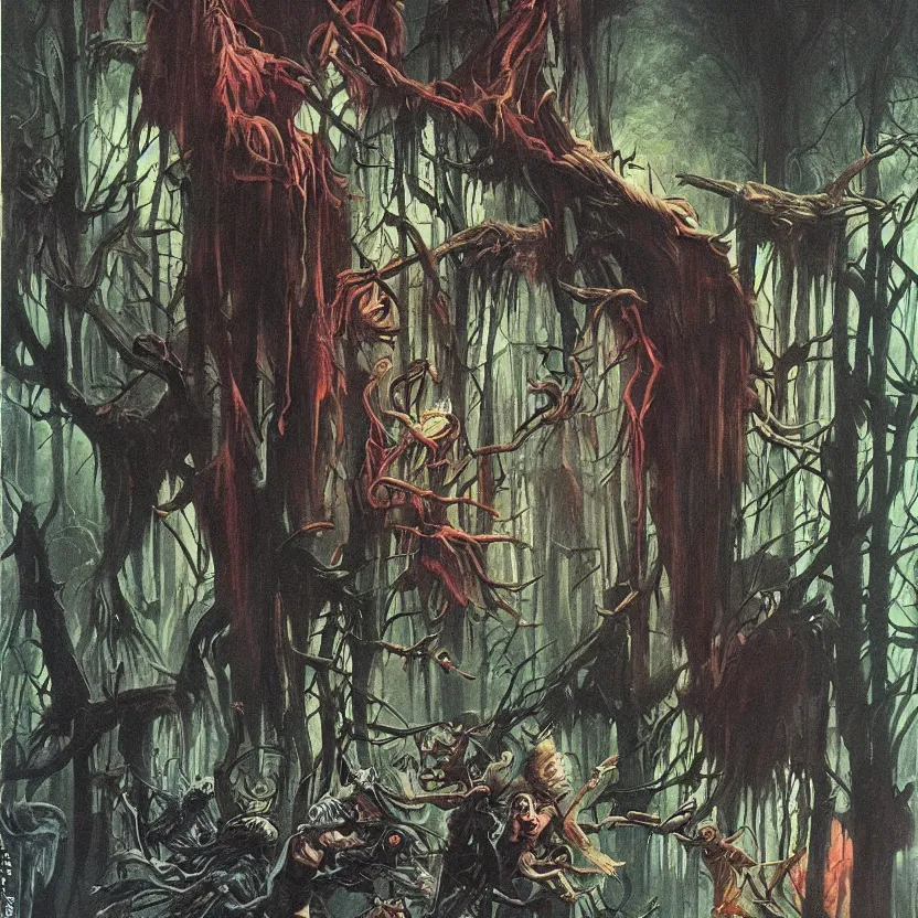 Prompt: a scene of an opening in a dark fantasy forest with colored fantastical beings. dark black surroundings. hyperrealist illustration. muted colors. 1 9 7 0's science fiction and fantasy cartoon. richly colored painting by don ivan punchatz.