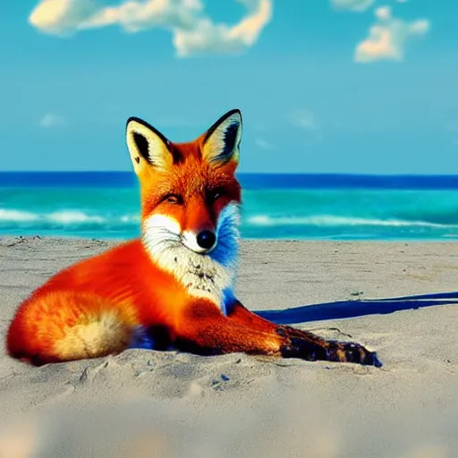 Prompt: fox chilling on the beach, photo, vaporwave