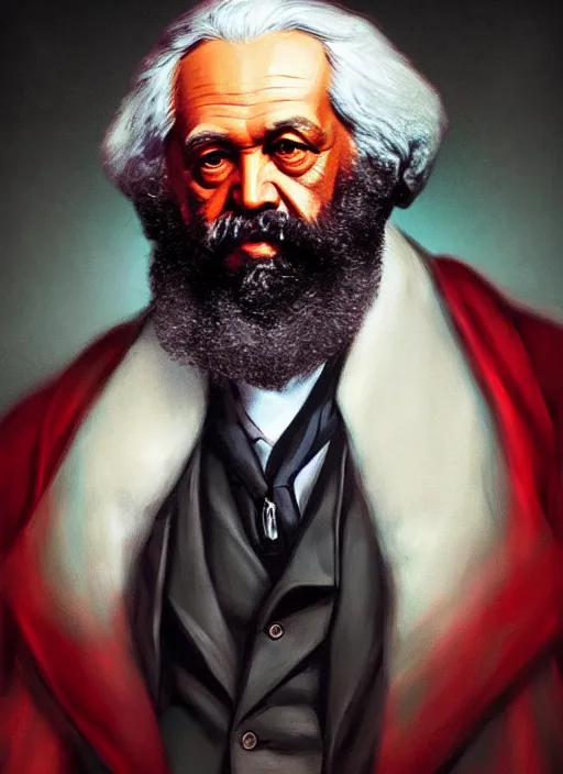 Image similar to a detailed full body painted portrait of karl marx by artist hadi karimi, wlop, artgerm, greg rutkowski, smirk expression, dramatic lowkey studio lighting, accurate skin textures, hyperrealism, aesthetically pleasing and harmonious vintage colors