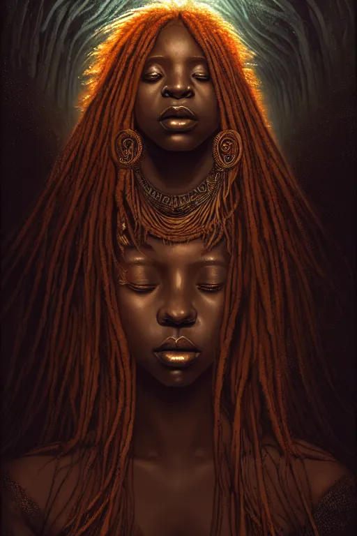 Image similar to A beautiful African Goddess with long flowing ginger hair on a ledge od deep abyss fantasy, intricate, elegant, highly detailed, D&D, digital painting, artstation, concept art, matte painting, sharp focus, illustration, extremely moody lighting, glowing light and shadow, atmospheric, shadowy, cinematic, in the style of Greg Rutkowski and artemisia gentileschi and Alphonse Mucha