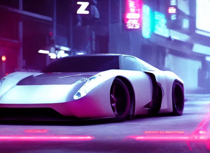 Image similar to Bladerunner2049 street racing man leaning cool pose on his white sports car with red emissives volumetric lighting Cyberpunk RTX ray marching street atmospheric cinematic screen cap street Tokyo slightly foggy Ryan Church Roger Deakins RX7 FD S15 GTR R35 Nismo