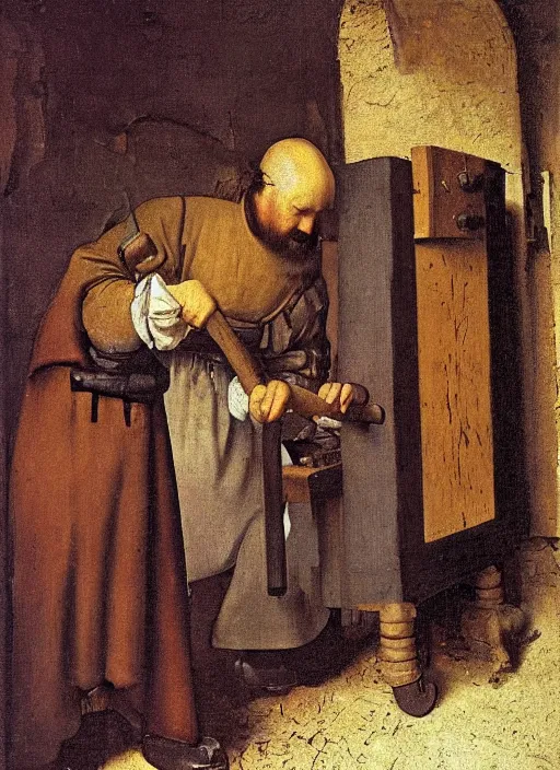 Image similar to A bald blacksmith, with a long dark beard in a forge, medieval forge, medieval painting by Jan van Eyck, Johannes Vermeer, Florence