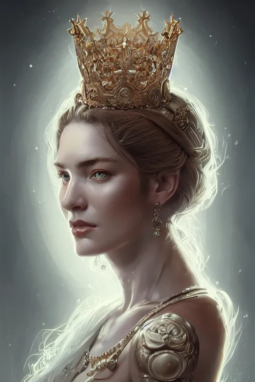 Prompt: highly detailed portrait of an elegant norwegiangoddess, ornate crown, beautiful symmetrical face, glowing skin, digital painting, artstation, concept art, smooth, clear focus, illustration, greg rutkowski, artgerm, global lighting, detailed and fantasy