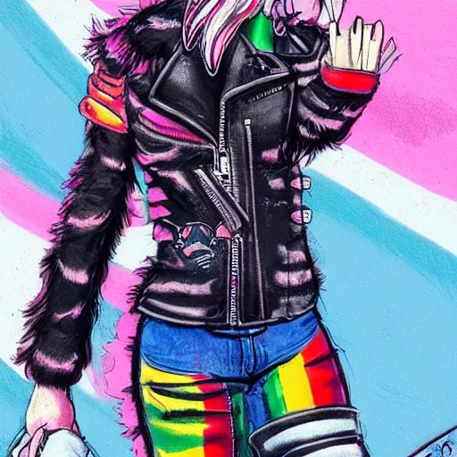 Image similar to wide angle full body, jacket wearing fluffy cute rainbow kitten wearing a black leather motorcycle jacket, cinematic concept art