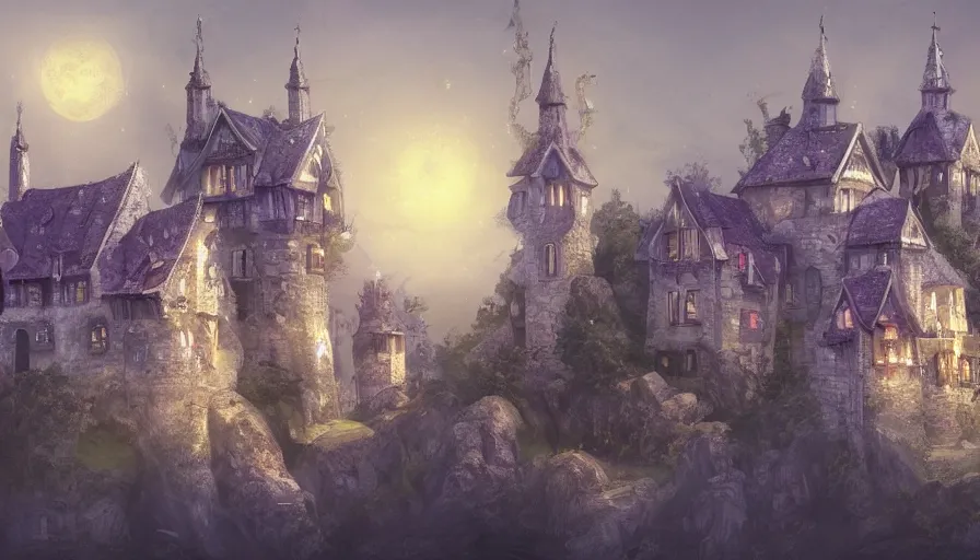 Image similar to digital painting of a white and purple castle with gold cross on top built on a wonderful medieval village, hyperdetailed, artstation, cgsociety, 8 k