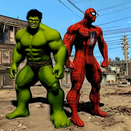 Prompt: hulk and spiderman in fallout 4