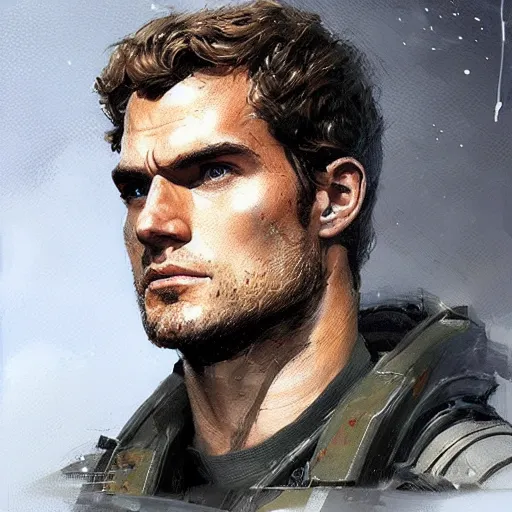Image similar to “Portrait of Henry Cavill by Greg Rutkowski, he is about 20 years old, norwegian, short blond hair, young, manly, attractive, strong, older brother vibes, he is wearing futuristic military fatigues, highly detailed portrait, scifi, digital painting, artstation, concept art, smooth, sharp foccus ilustration, Artstation HQ”