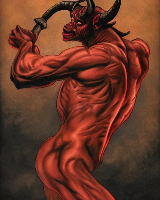 Image similar to a red skinned highly muscular devil satyr with goat legs, yellow goat eyes, long pointy chin, red face, and two huge water buffalo like black horns jutting out from the top of his large red head, in the style of darkness from the movie legend