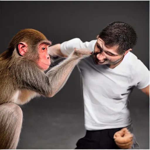 Prompt: xqc boxing a monkey at Maddison square garden, Highly detailed photography, studio lighting, pro photography