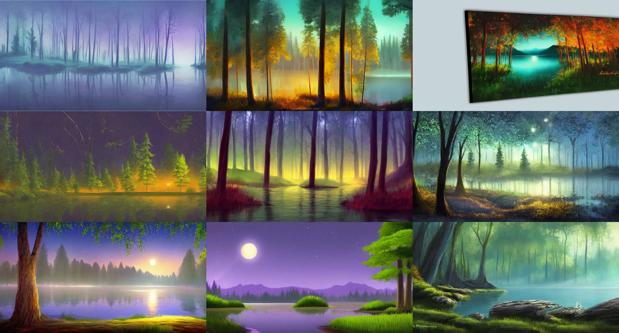 Prompt: Beautiful ambient forest painting with a lake at night, pixar color script concept art, HD