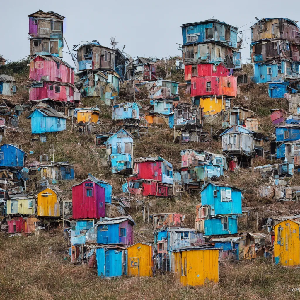 Prompt: a tower made up of colourful makeshift squatter shacks, dystopia, sony a 7 r 3, f 1 1, fully frontal view, photographed by jeanette hagglund, ultra detailed,