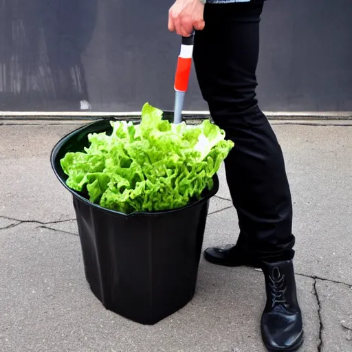 Image similar to man with black pants and black boots standing in a plastic bin of lettuce