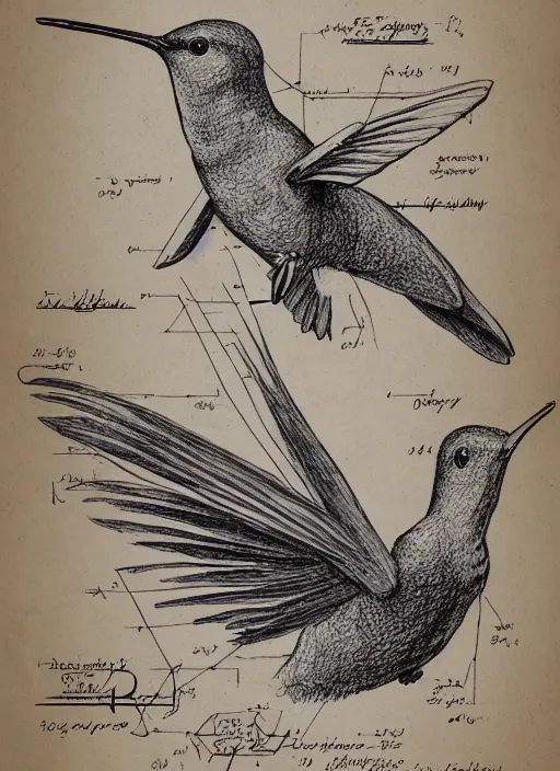 Prompt: full page scan of 1400s detailed hummingbird concept art, architectural section, plan drawing, page, fantasy, diagram, informative texts, graphs, notes, scribbles, mechanical hummingbird bird anatomy anatomical, Patent application drawing, close-up, Fig.1, Header text