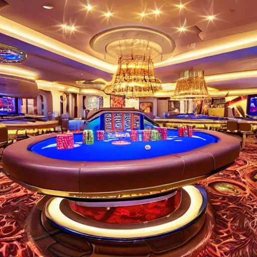 Prompt: futuristic casino, crisp, artistic, artstation, luxury, las vegas, beautiful, large, poker table