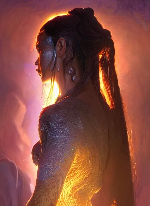 Image similar to altered carbon, Maya Ali as a sorceress, side view, tarot, sweat drops, fibonacci, insane, prismatic, intricate, highly detailed, digital painting, artstation, concept art, smooth, sharp focus, illustration, Unreal Engine 5, 8K, art by artgerm and greg rutkowski and alphonse mucha