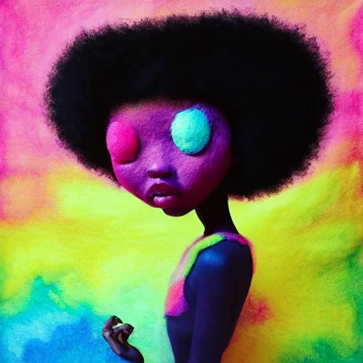 Image similar to a black girl with big cute! eyes and a colorful afro dancing in a filed of candy at sunset, bright colors, watercolor, volumetric wool felting, felt, macro photography, children illustration, global illumination, radiant light, detailed and intricate environment, by goro fujita, psychedelic surreal portrait, bokeh!!!!