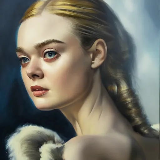 Prompt: ultra realistic portrait painting of elle fanning in skyfall, art by frank frazetta, 4 k, ultra realistic, highly detailed, epic lighting