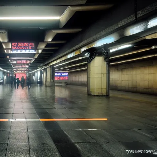 Image similar to a cyberpunk empty metro station with gak written on the wall, highly detailed, blade runner