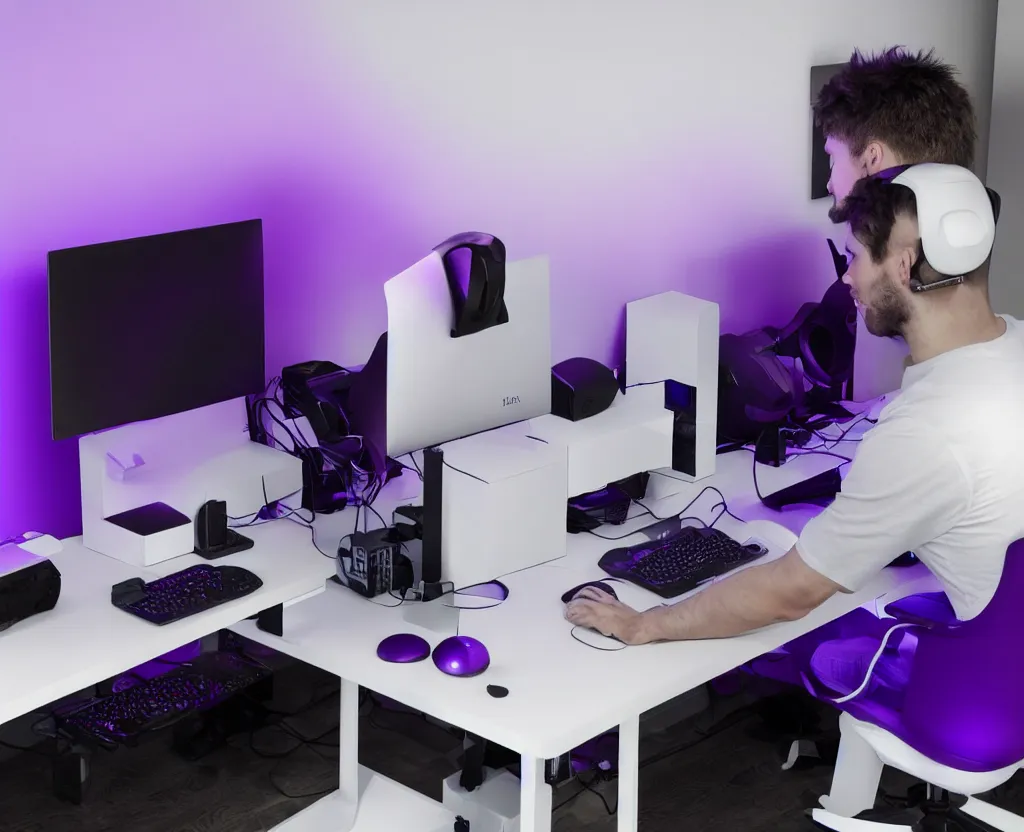 Prompt: a guy sitting on a blue ikea chair in front of a wall mounted monitor and a purple rgb keyboard and mouse on a white desk mounted to a white wall, the monitor also has purple backlighting and left to the guy is a purple RGB lighten gaming pc sitting on a white next table. From an view from behind the guy.