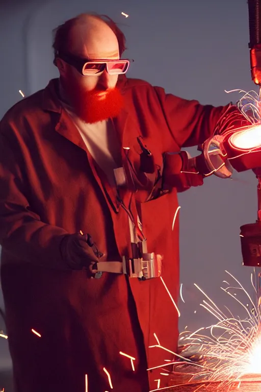 Image similar to an awkwardly tall scientist with a tangled beard and unruly red hair atop his balding head wearing a headlamp a labcoat and welding goggles and holding a beaker, high resolution film still, movie by Ivan Reitman