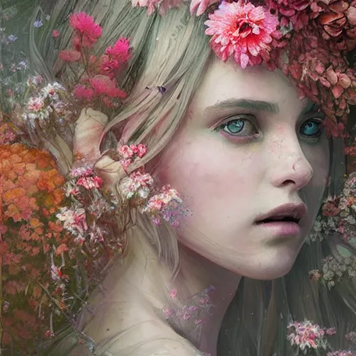 Prompt: painting of a pale girl dressed with flowers, illustration, artistic, colorful, hyper detailed, in the style of Greg Rutkowski,