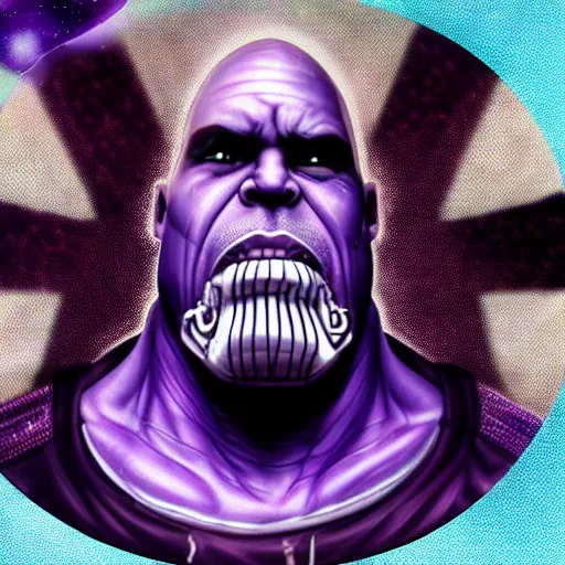 Prompt: thanos as an american rapper in 1990 fish eye lens