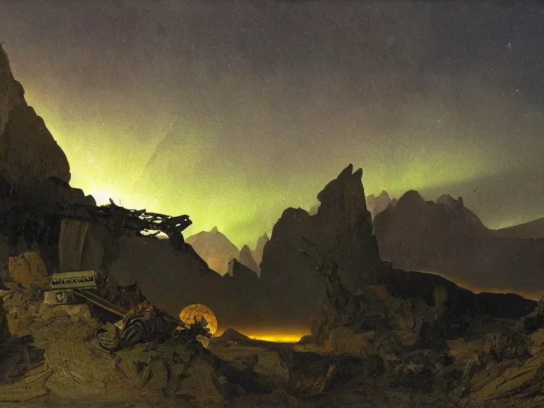 Prompt: an oil painting of a cracked plane on an alien planet with a distant mountain range at dusk with aurora lighting up the sky by carl spitzweg and tuomas korpi. baroque elements, full-length view. baroque element. intricate artwork by caravaggio. Trending on artstation. 8k