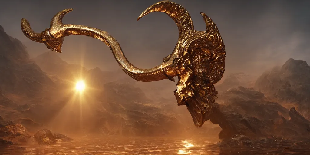 Prompt: bird wings, gold ram horns, copper goat skulls, grand imposing powerful sculpture. swirls of mist. sunrise, intense light beams, lens flare. occult photorealism, uhd, amazing depth, volumetric lighting, cinematic lighting. epic landscape.