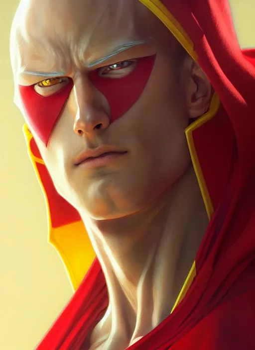 Image similar to ultra realistic illustration, handsome saitama. yellow and red cape, intricate, elegant, highly detailed, digital painting, artstation, concept art, smooth, sharp focus, illustration, art by artgerm and greg rutkowski and alphonse mucha and wlop