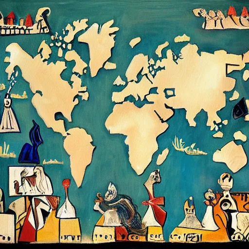 Prompt: a incorrect map of the world as painting by picasso