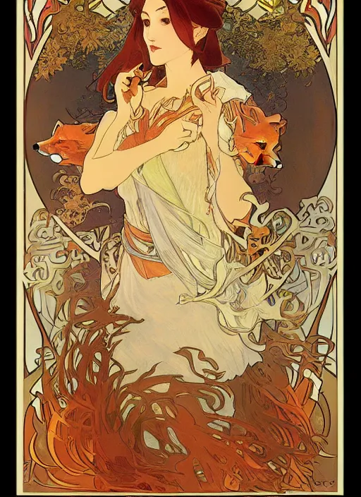 Image similar to spirit of the fox dragon in fiery tale forest in artnouve style by alphonse mucha hiroshi yoshida. artstation trending