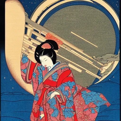 Prompt: 8k high detailed woodblock print of a celestial geisha experiencing enlightenment in space, Cinematic angle, vibrant colors,intricate and vivid details, art station, Hasui Kawase