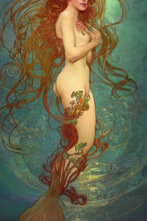 Image similar to a beautiful mermaid, symmetrical features, cinematic lighting, soft bokeh, fantasy, modern, colourful, highly detailed, digital painting, artstation, deviantart, concept art, sharp focus, illustration, by alphonse mucha