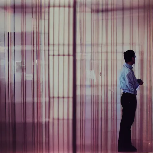 Prompt: a guy standing in a room with computer screens lining the walls, faded effect, photograph, kodak film, realism,