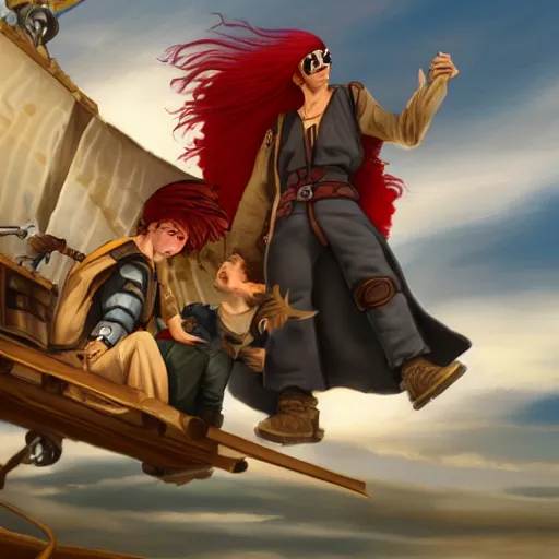 Image similar to A sky-pirate with long red hair meeting a young boy thief with blonde hair on an airship, epic fantasy art style