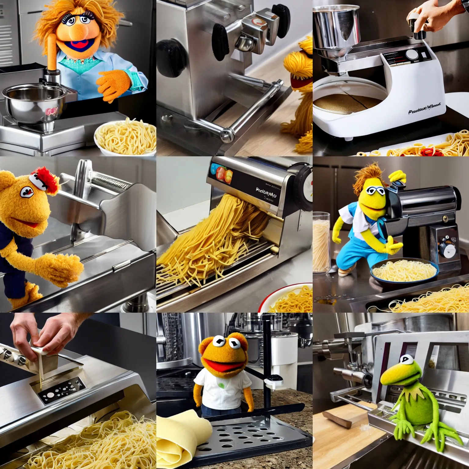 Prompt: a muppet using a professional pasta machine