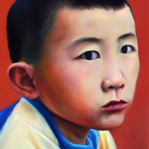 Prompt: dramatic oil painting portrait of chinese boy buzz cut
