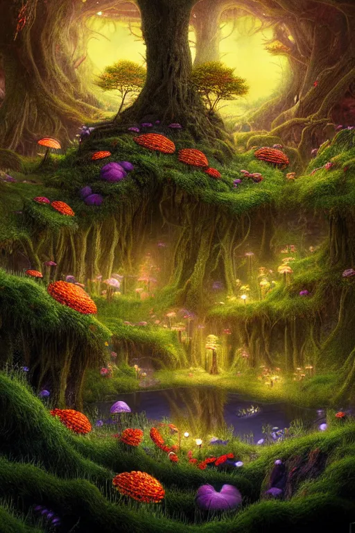 Image similar to a beautiful digital illustration painting of a detailed fantasy fireflies lake and roots, dark mushroom, speckled mushroom, kittens, flowers by benoit b. mandelbrot, steven belledin, martin johnson heade, lee madgwick, caspar david friedrich, and david rios ferreira. 8 k resolution trending on artstation concept art digital illustration