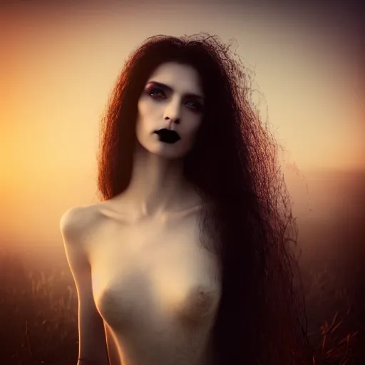 Image similar to photographic portrait of a stunningly beautiful gothic vampire female in soft dreamy light at sunset, contemporary fashion shoot, by edward robert hughes, annie leibovitz and steve mccurry, david lazar, jimmy nelsson, breathtaking, 8 k resolution, extremely detailed, beautiful, establishing shot, artistic, hyperrealistic, beautiful face, octane render