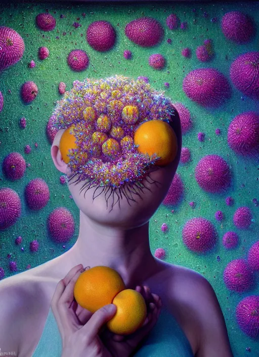 Image similar to hyper detailed 3d render like a Oil painting - Aurora (Singer) Eats of the Strangling Fruit and Her delicate Hands full of gossamer polyp blossoms bring iridescent fungal flowers whose spores black the foolish stars by Jacek Yerka, Mariusz Lewandowski, Houdini algorithmic generative render, Abstract brush strokes, Masterpiece, Edward Hopper and James Gilleard, Zdzislaw Beksinski, Mark Ryden, Wolfgang Lettl, hints of Yayoi Kasuma, octane render, 8k