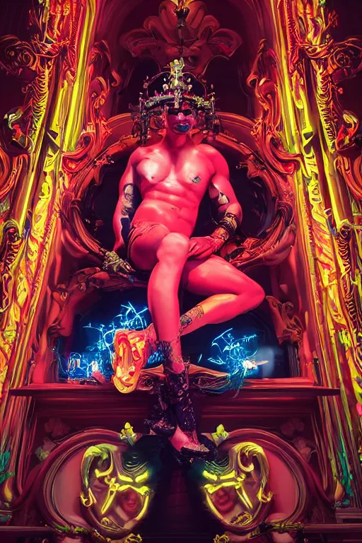 Image similar to full-body rococo and cyberpunk style neon statue of a muscular attractive Cuban papi sim roupa macho dotado e rico android sim roupa reclining con las piernas abiertas e la piroca dura e afuera, glowing red laser eyes, prince crown of red gears, diamonds, swirling black-colored silk fabric. futuristic elements. full-length view. aggressive space robots. giant balloon animals. human skulls. intricate artwork by caravaggio. Trending on artstation, octane render, cinematic lighting from the right, hyper realism, octane render, 8k, depth of field, 3D