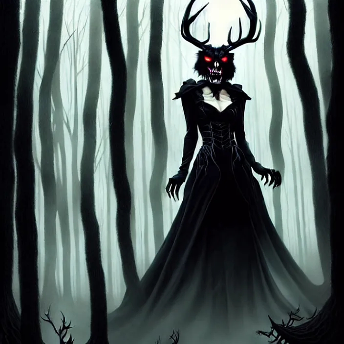 Image similar to style artgerm, joshua middleton, steve niles, gerald brom, scary wendigo with antlers and skull face mixed with werewolf, beautiful witch wearing a black dress on the right side, in the forest, detailed, dark and foggy, cinematic lighting